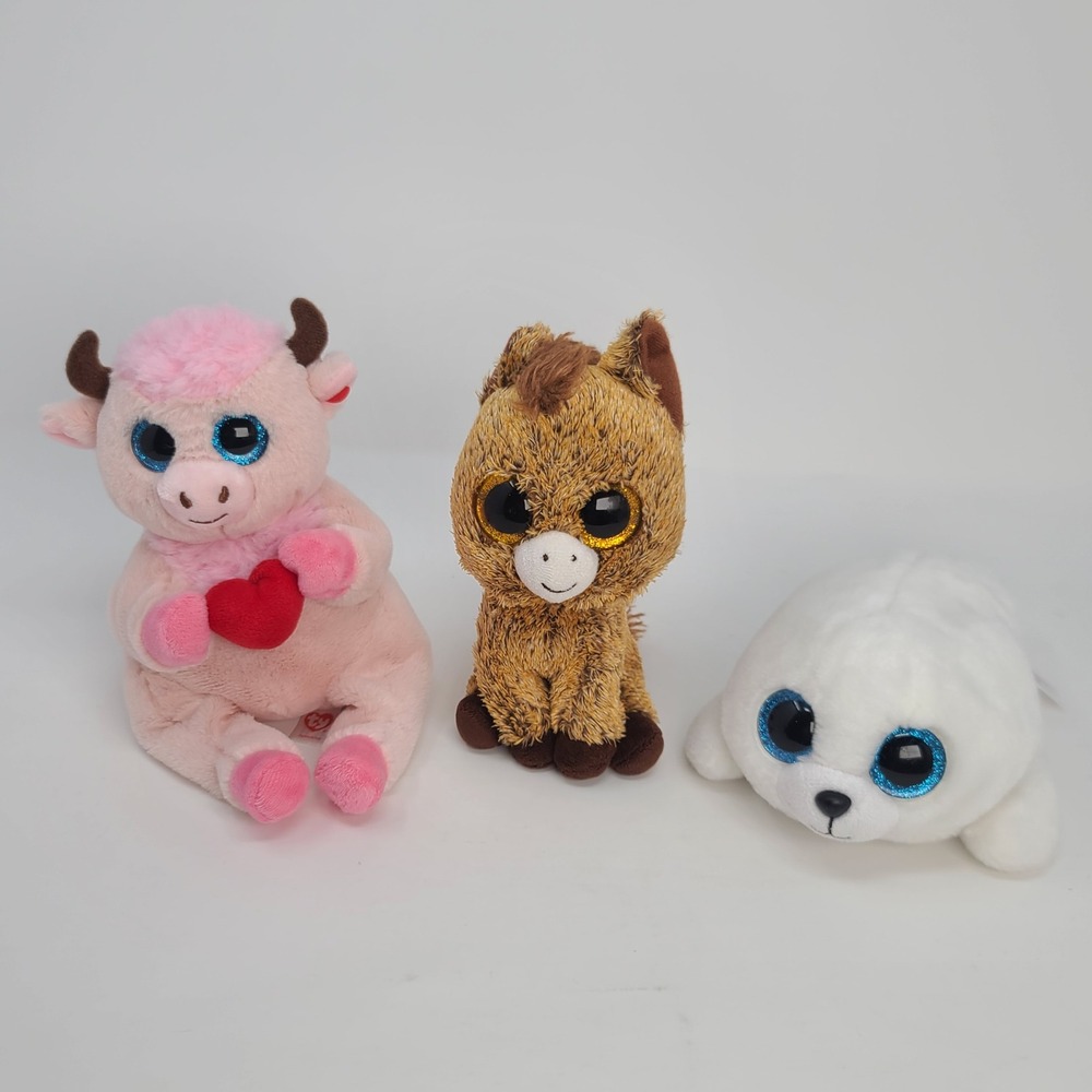 Ty Beanie Boos Plush Lot 3 Sprinkles Cow Harriet Horse Icy Seal Pink Brown Good
